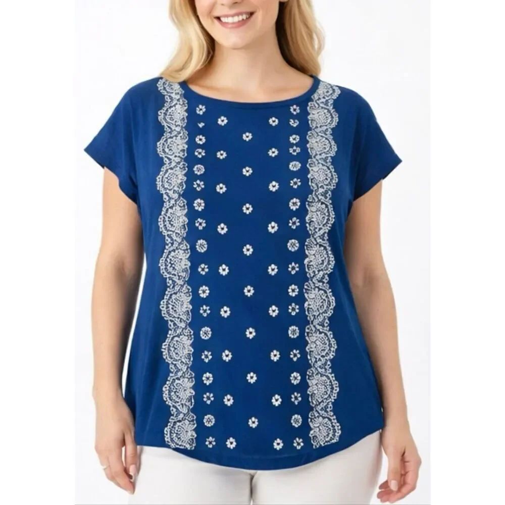 Talbots lace scallop front navy top size medium